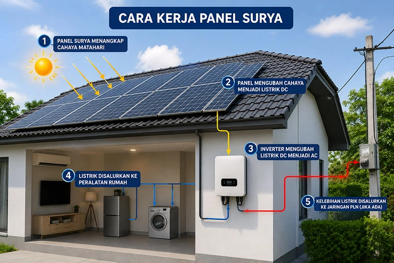 Skema cara kerja panel surya mengubah cahaya matahari menjadi listrik AC melalui inverter