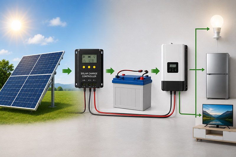 Ilustrasi alur kerja PLTS Off Grid dari panel surya