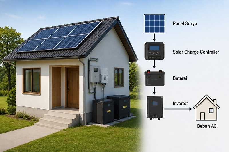 Ilustrasi sistem PLTS Off Grid pada rumah tinggal