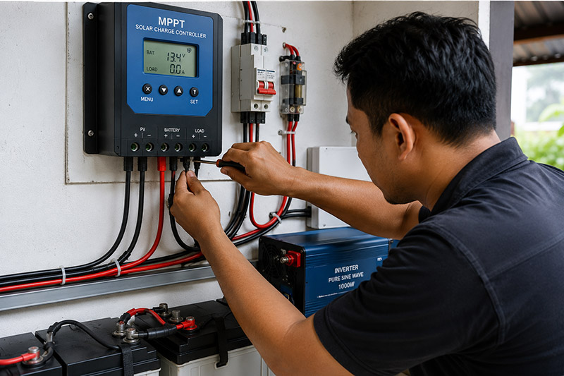 Teknisi memasang MPPT solar panel pada sistem PLTS rumah dengan instalasi kabel dan baterai panel surya