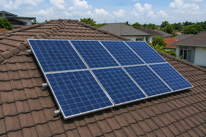 Panel surya polycrystalline terpasang di atap rumah.