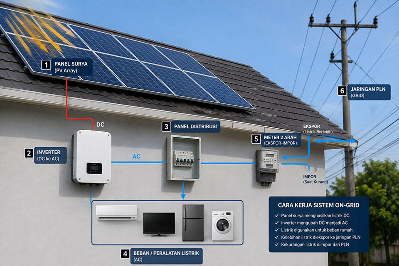 Diagram cara kerja panel surya sistem on-grid dengan inverter dan jaringan PLN