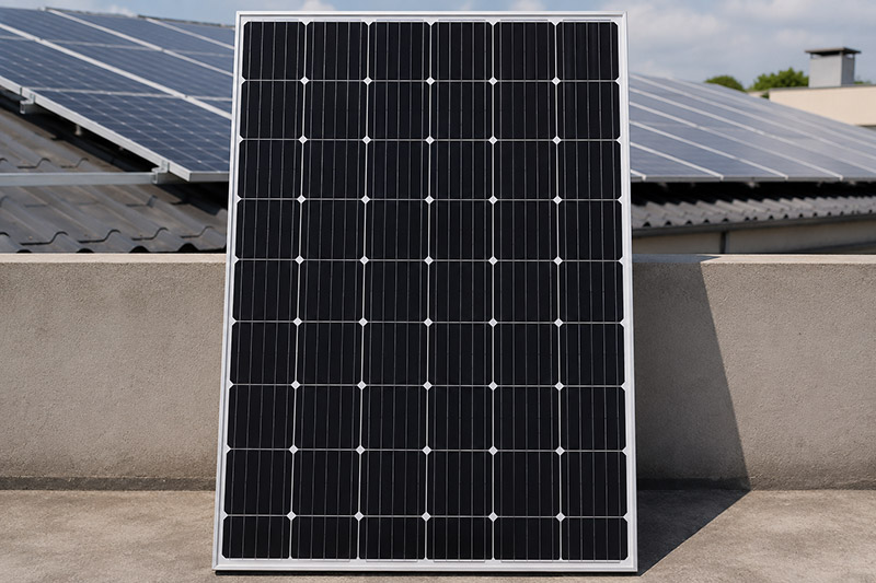 Jenis panel surya monocrystalline berwarna hitam pada instalasi PLTS atap