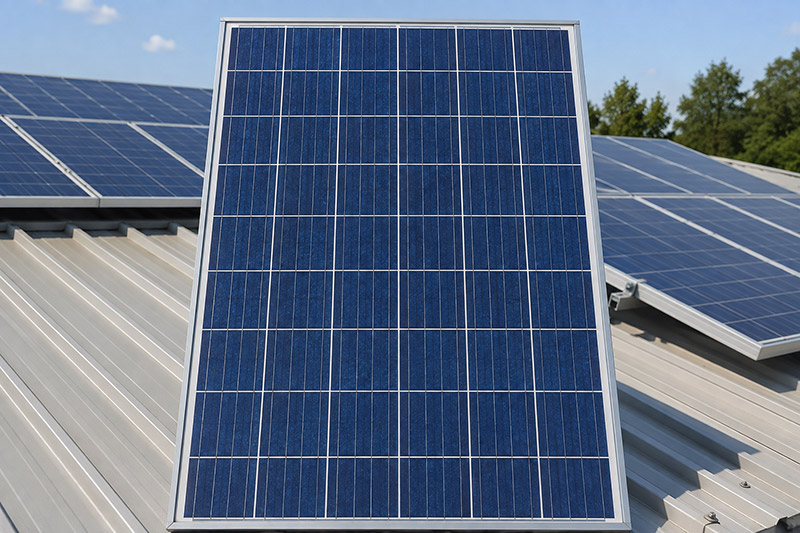 Jenis panel surya polycrystalline berwarna biru pada instalasi PLTS atap