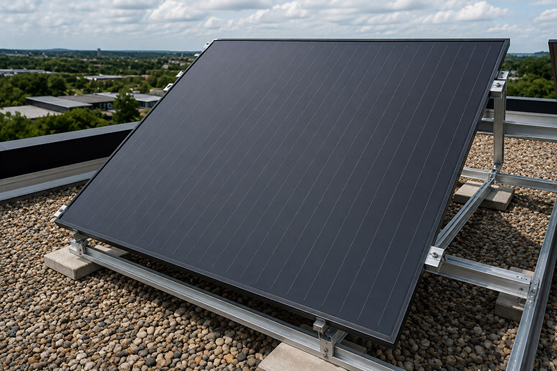 Jenis panel surya thin film berwarna gelap pada instalasi PLTS atap