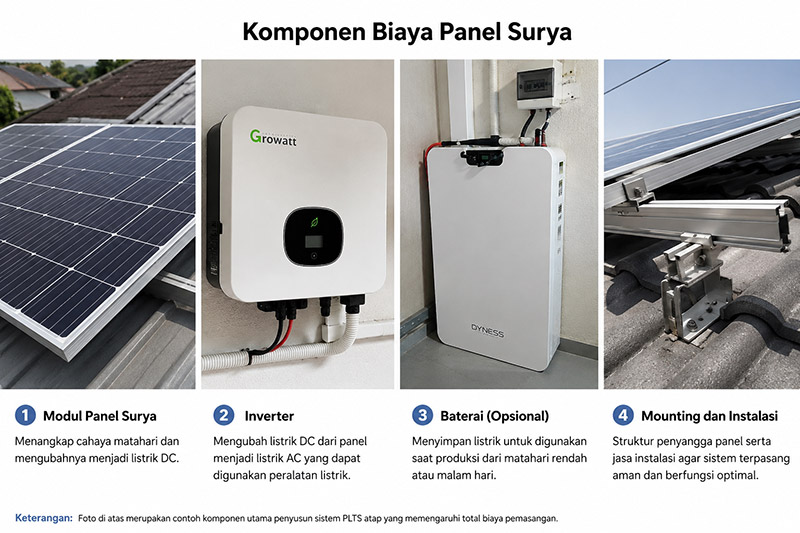 Komponen panel surya meliputi modul panel, inverter, baterai, serta mounting dan instalasi PLTS