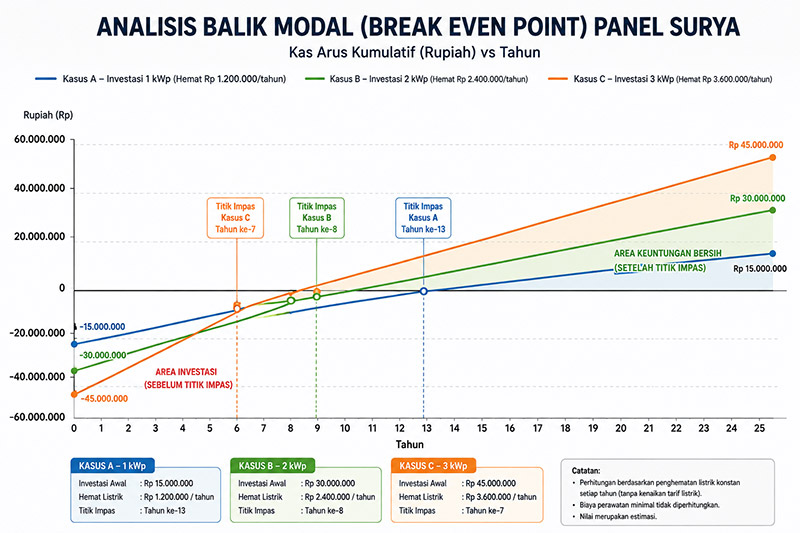 Grafik simulasi balik modal panel tenaga surya 1000 watt selama 25 tahun