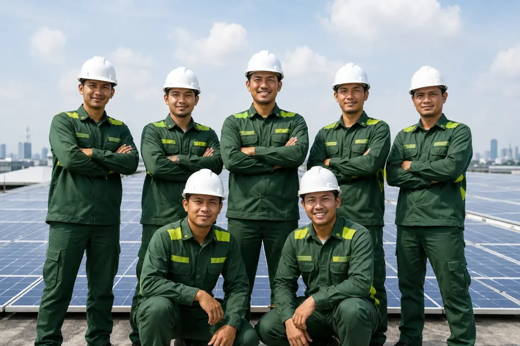 Tim teknisi Oasis melakukan pemasangan dan pengujian panel surya