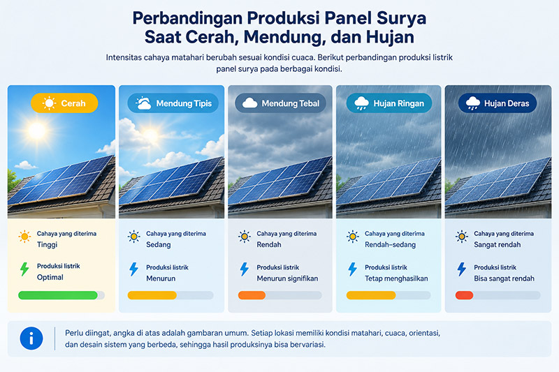 perbandingan produksi panel surya saat cerah mendung dan hujan
